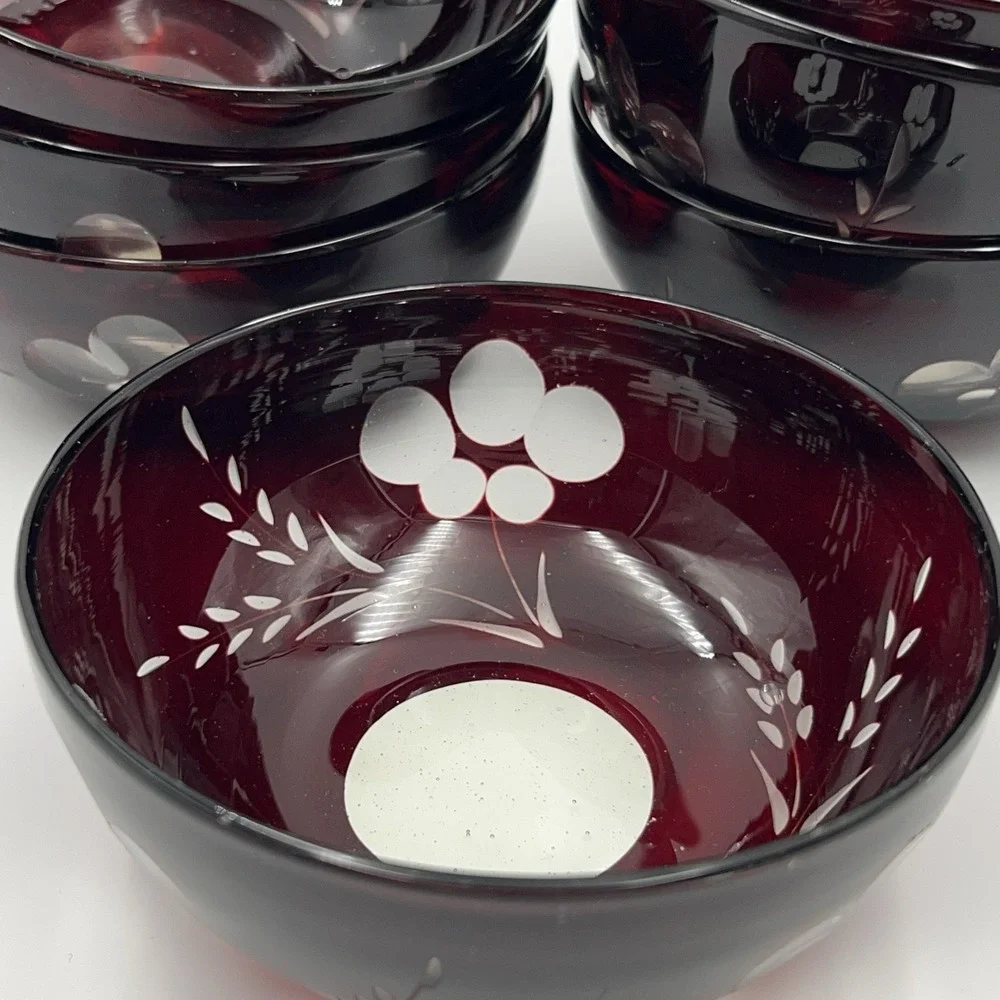 Set of‎ 7 Hand Blown Bohemian Ruby Cut to Clear Glass Bowls Floral Wheat Bubbles